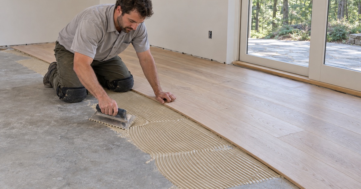 Worker troweling adhesive onto a concrete subfloor for engineered hardwood in the lower-level room of an Alpharetta home.