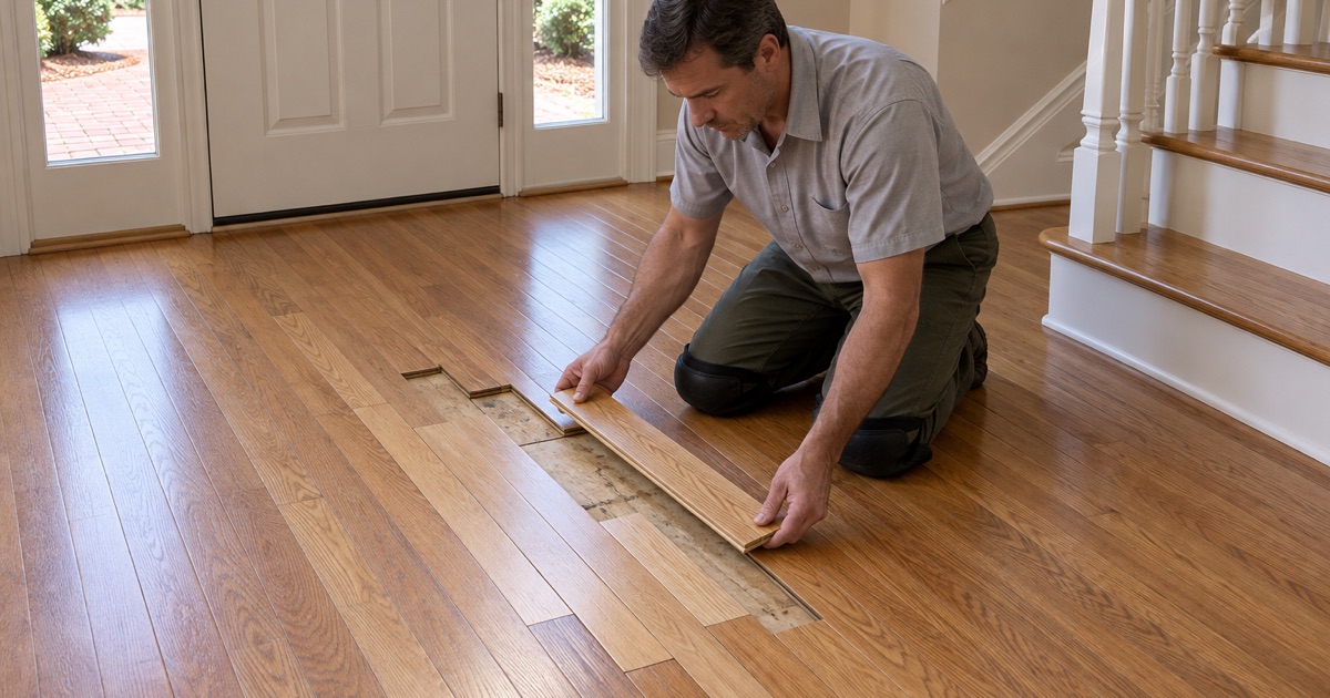 Worker lowering a replacement oak board into a staggered lace-in repair in the foyer floor of an Alpharetta house.
