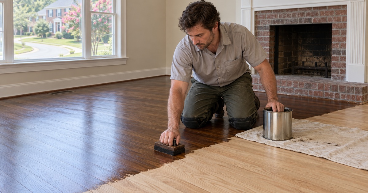Worker working dark walnut stain into sanded oak floorboards with a stain pad in an Alpharetta living room.