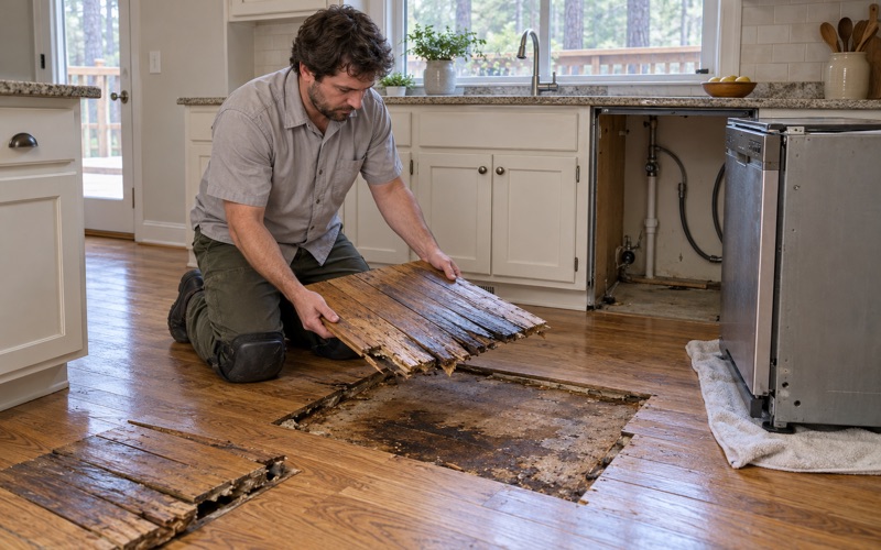 Worker lifting out a swollen section of oak flooring beside a dishwasher in an Alpharetta kitchen after a leak.