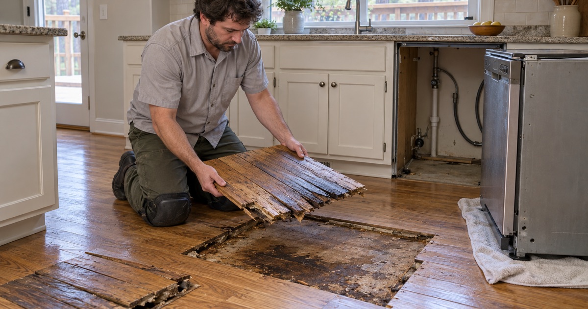 Worker lifting out a swollen section of oak flooring beside a dishwasher in an Alpharetta kitchen after a leak.