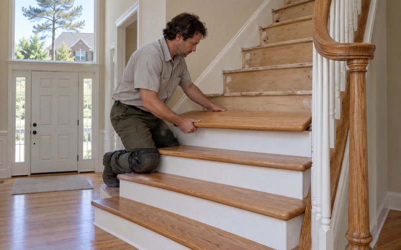 Worker setting a new oak stair tread with a rounded nose onto the foyer staircase of an Alpharetta house.
