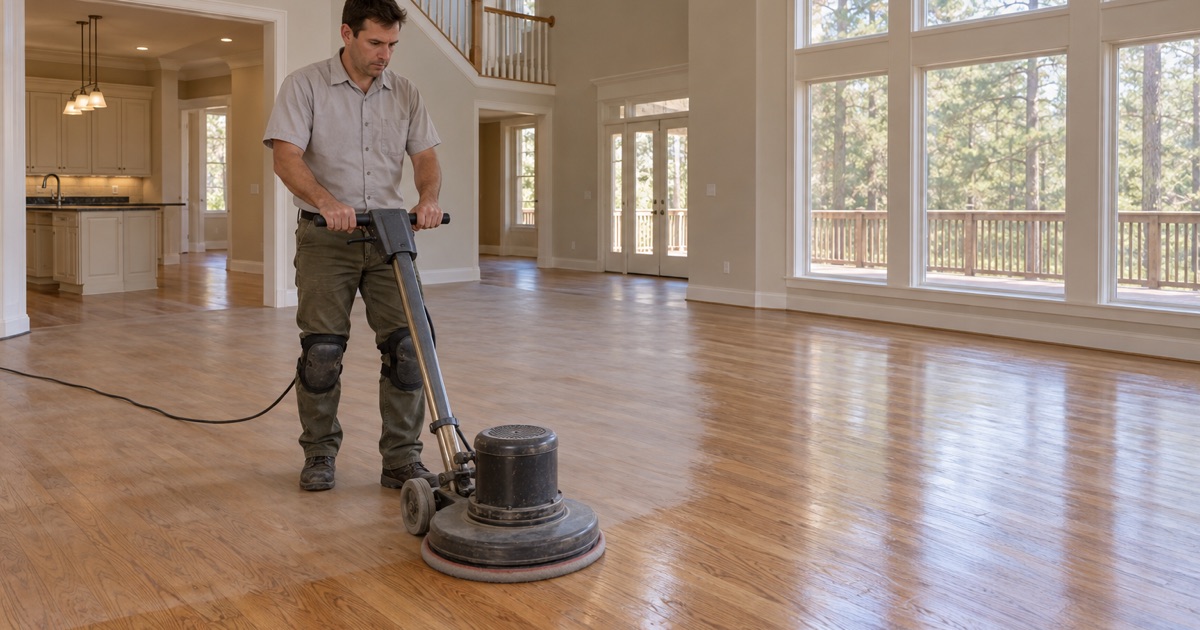 Worker running a floor buffer with a screen pad across a sound oak floor before a fresh coat of finish in an Alpharetta home.
