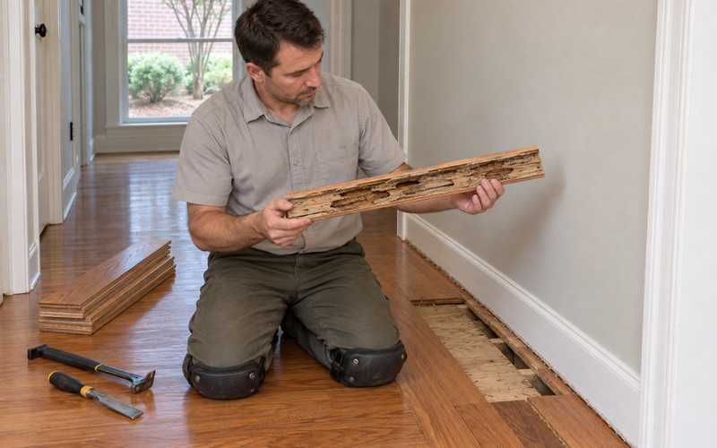 Worker holding a termite-damaged oak board with hollowed channels, cut out of a floor in an Alpharetta home after treatment.