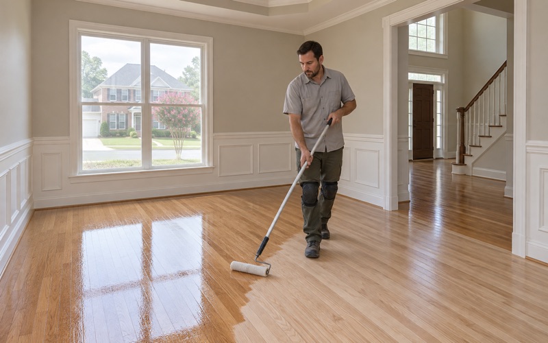 Worker walking backwards while rolling clear finish across sanded oak floors in the dining room of an Alpharetta house.
