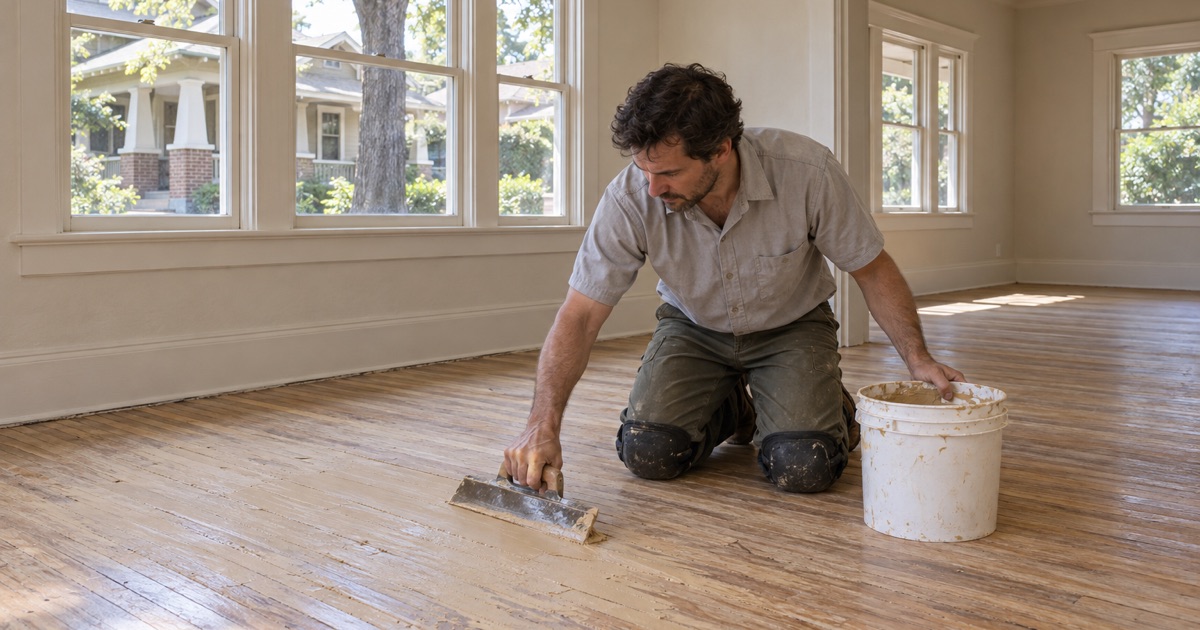 Worker trowel-filling gaps across the old wood strip floor of a 1920s bungalow in Kirkwood before sanding.