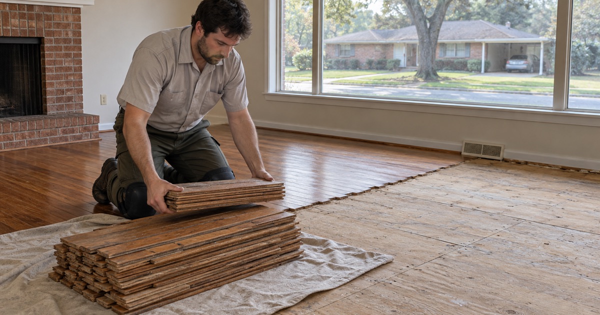 Worker stacking removed oak floorboards during a floor replacement in a brick ranch house in Marietta.
