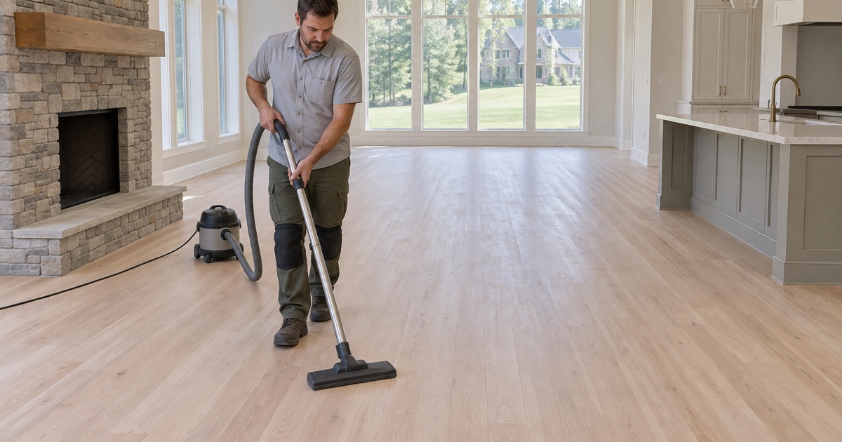 Worker vacuuming sanding dust along a long run of oak flooring through the open main floor of a large Milton house.