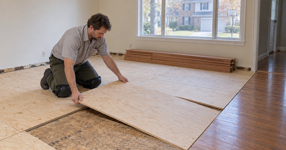 Worker lowering a new plywood subfloor panel into place before the hardwood is relaid in a Peachtree Corners house.