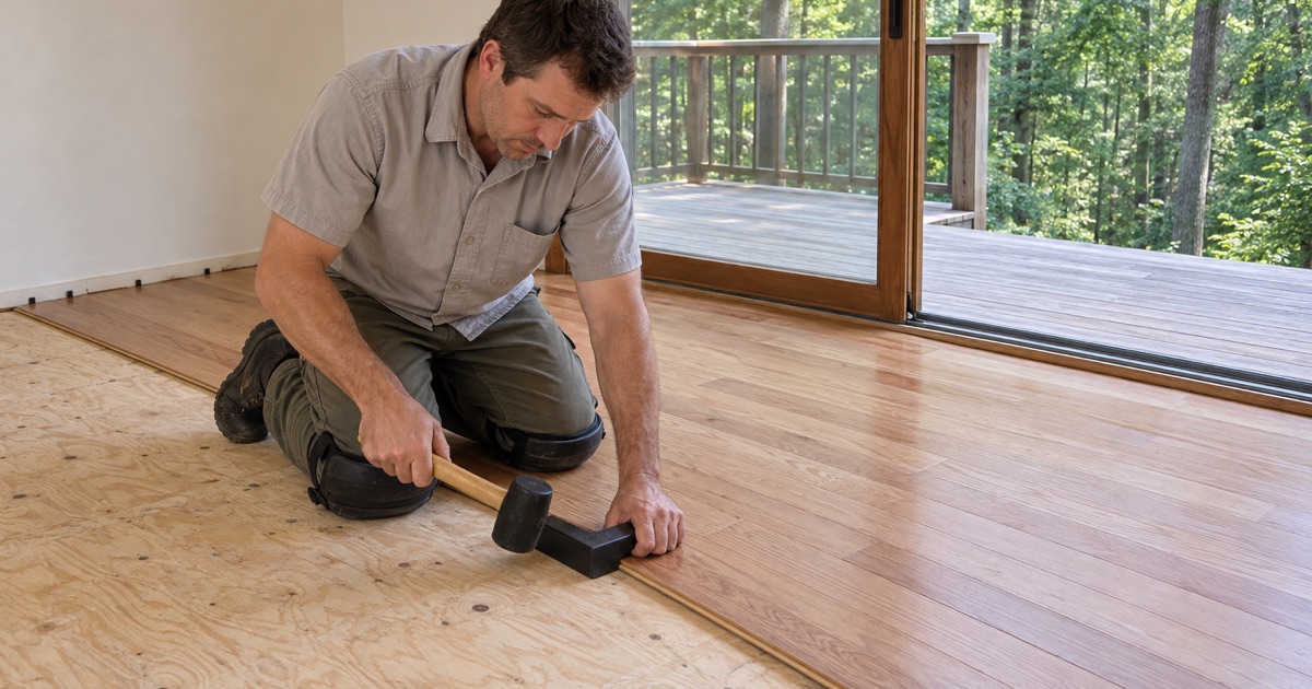 Worker tapping a new oak board tight in a Roswell family room whose deck looks over a wooded creek ravine.