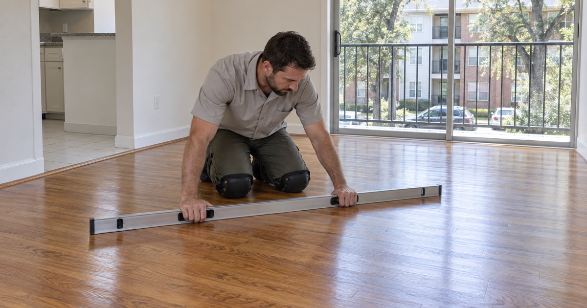 Worker checking an apartment’s oak floor for sags with a long level between tenants in Sandy Springs.