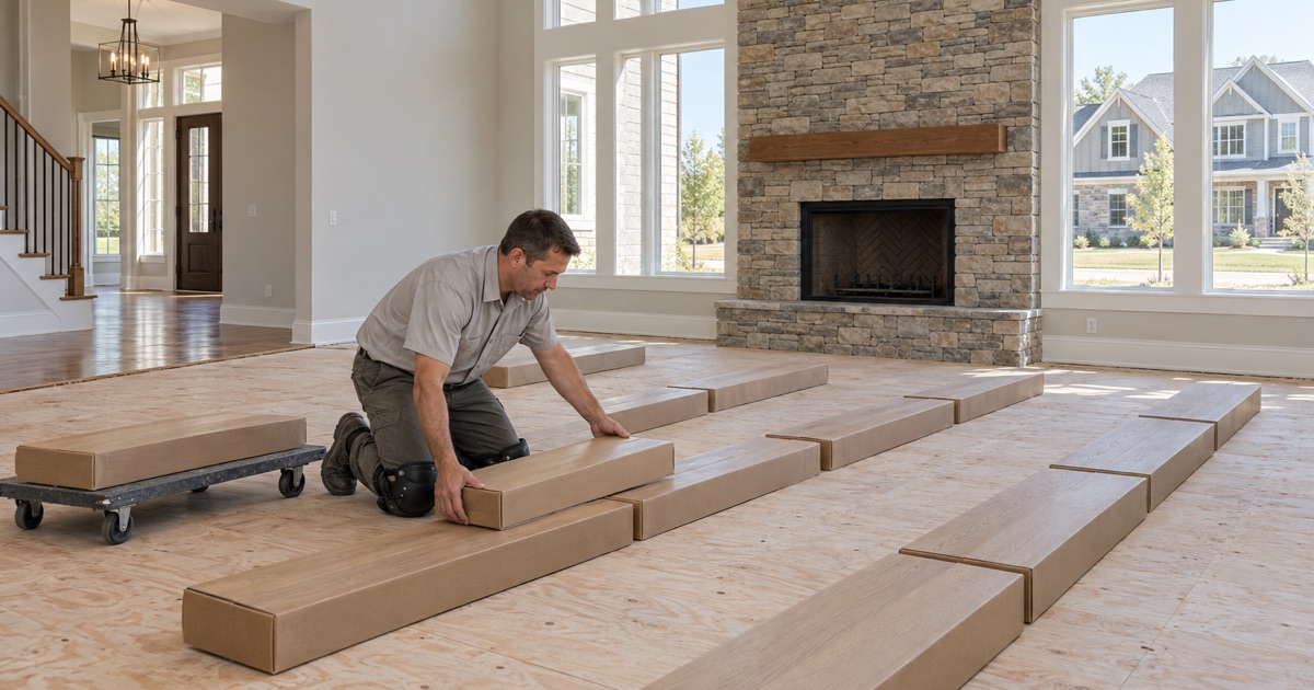 Worker unloading a carton of flooring onto a flat acclimation stack in the empty great room of a large Sugar Hill house.