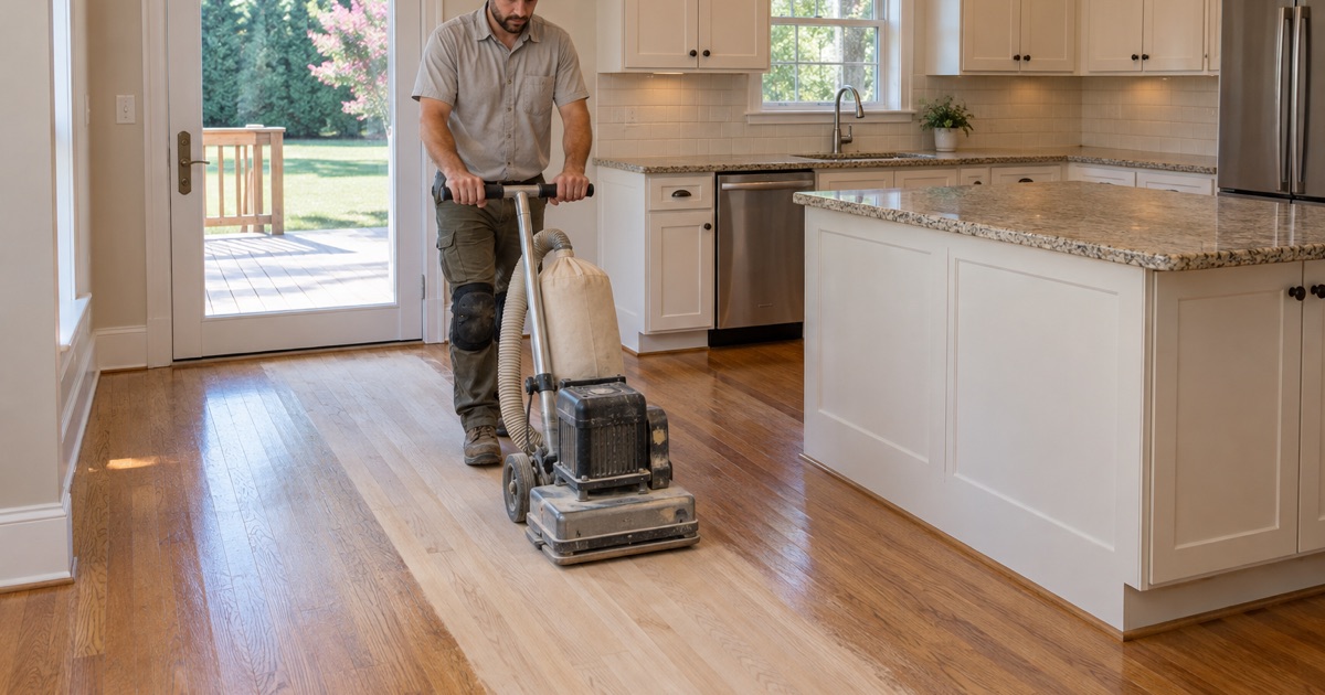 Worker sanding a worn traffic lane in original 1990s oak flooring in front of a kitchen in a Suwanee house.