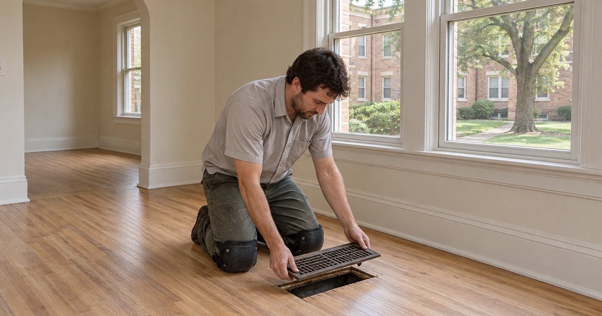 Worker lifting a floor register out of the wood floor in a 1920s garden apartment in Virginia-Highland.