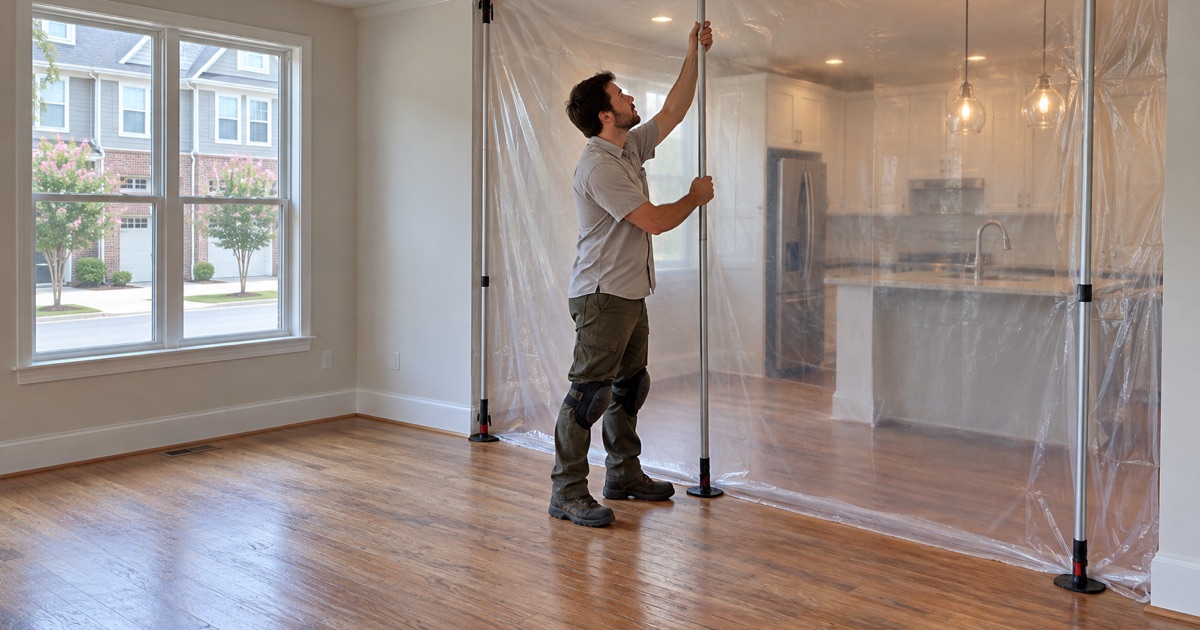 Worker setting a dust barrier across a townhouse kitchen doorway before refinishing the oak floors in Woodstock.